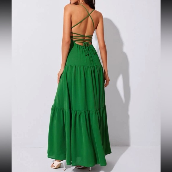 Green lace up back ruffle hem cami maxi dress - Picture 2 of 6